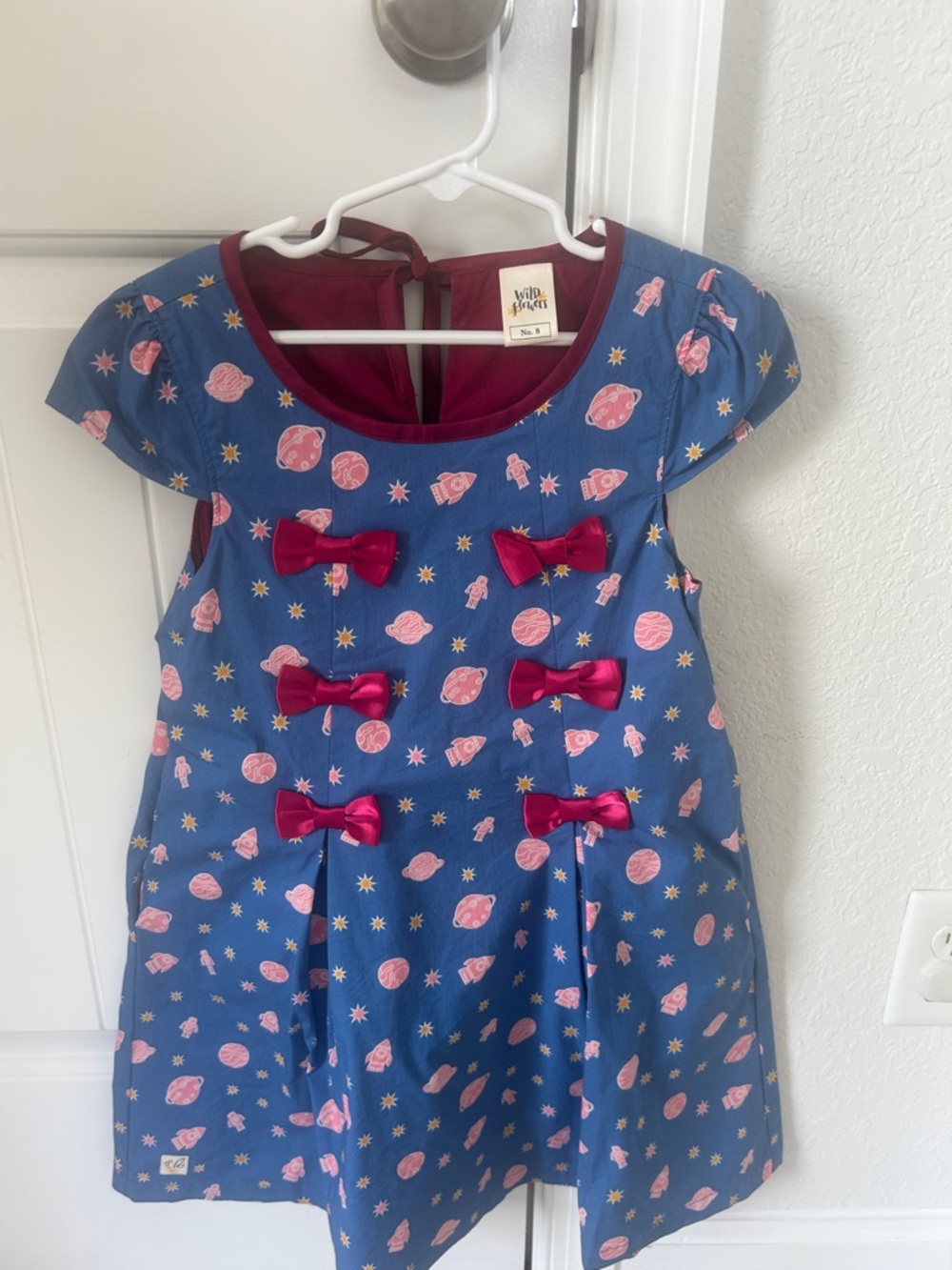 Wild Flowers Blue Space-Print Dress with Pink Bows